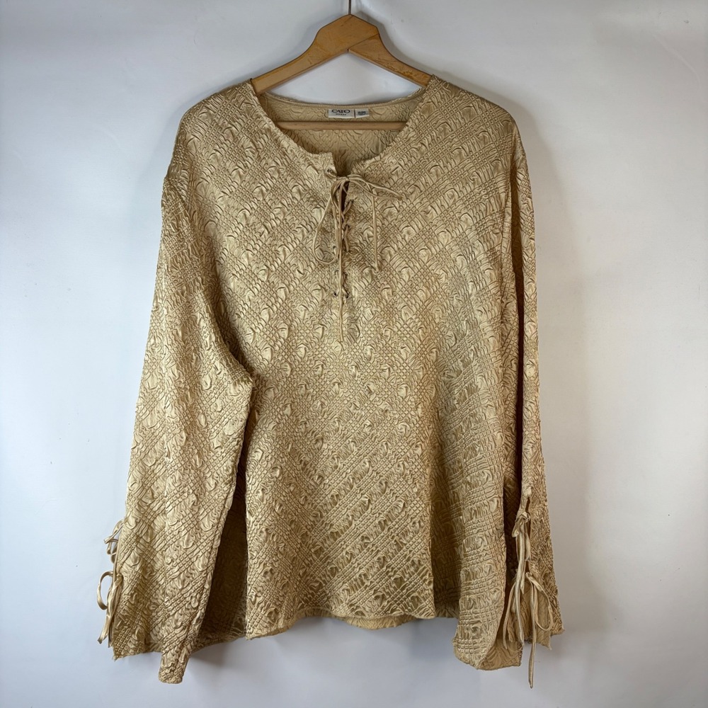 Cato Blouse Women 26/28W Gold Lace Up Neck Smocked Long Sleeve Renaissance Top
